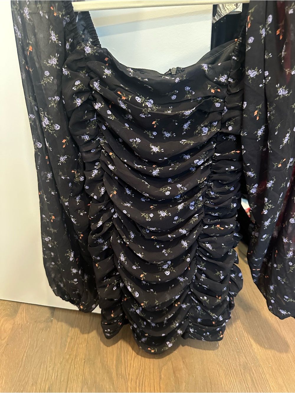 Ruched Black Mini Dress with Purple Floral Print